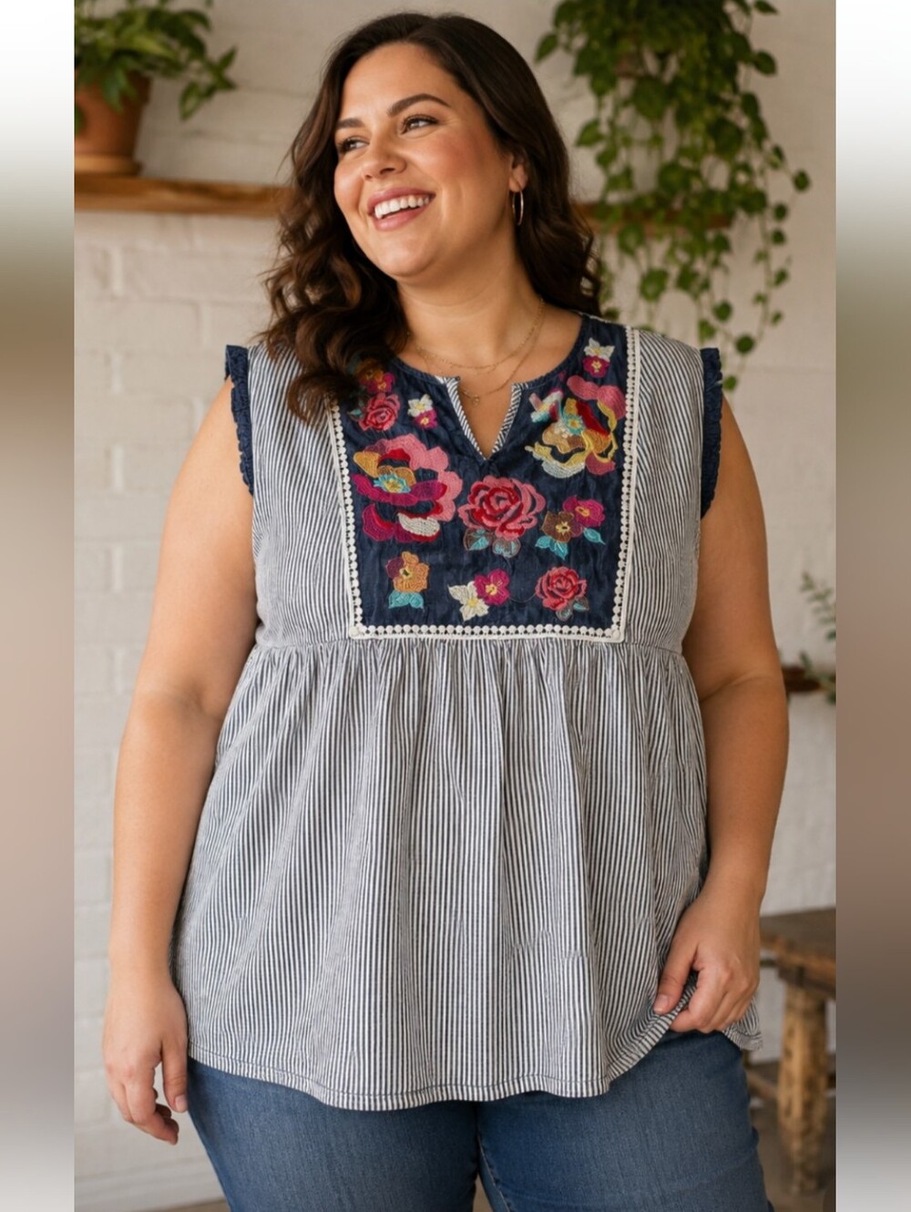Women's Savannah Jane Striped Embroidered Floral Sleeveless Blouse Top size 1X
